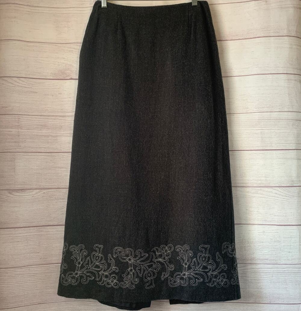 Vintage NINE & Company Charcoal Gray Embroidered Floral Maxi Skirt Size 10